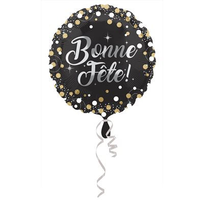 Ballon Bonne Fête noir pois or blanc Mylar 18 pouces